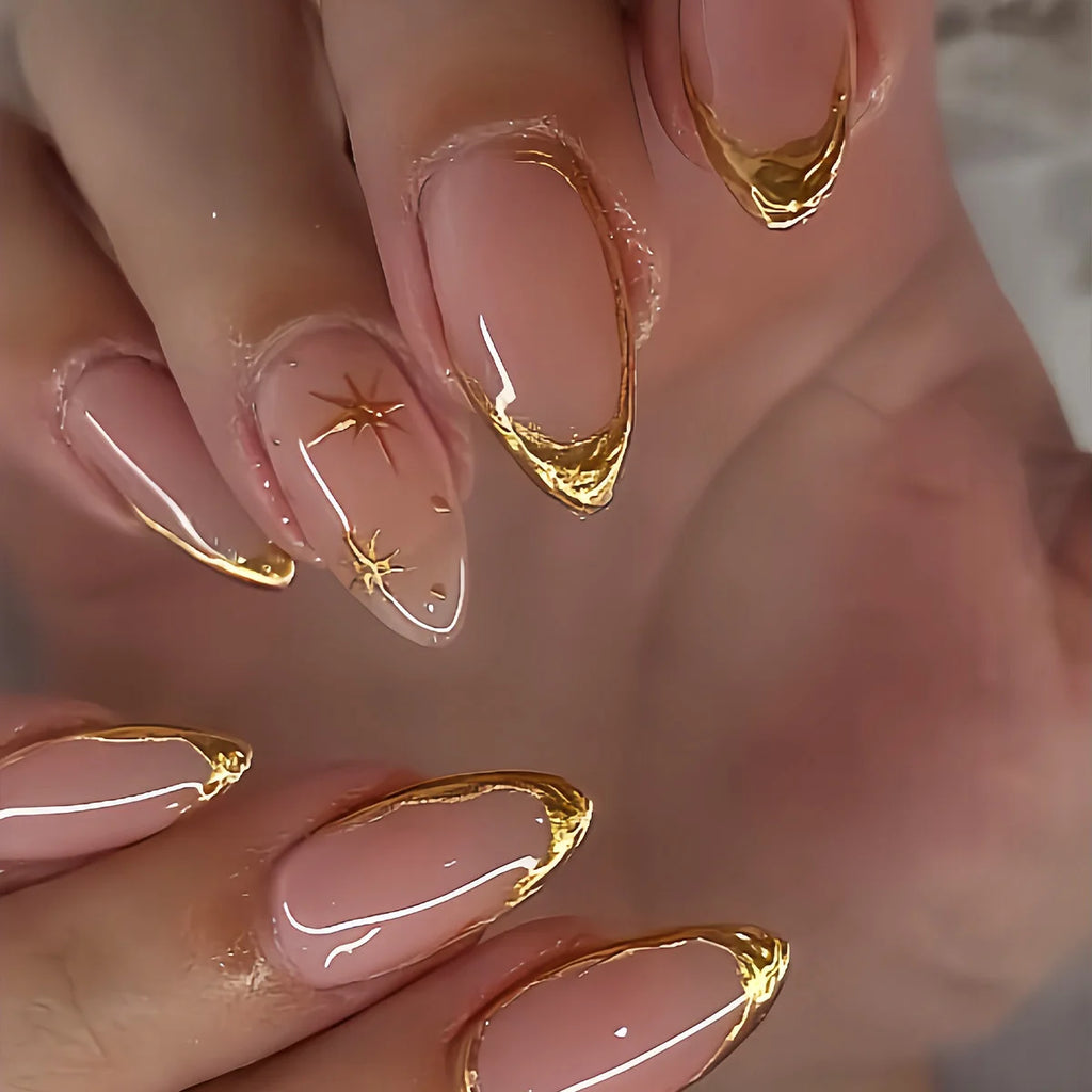 24pcs/set Nude Fake Nails with Golden Frame Star Print Full Cover Almond Shape Nail Tips Reusable Press on Artificial Nails Art