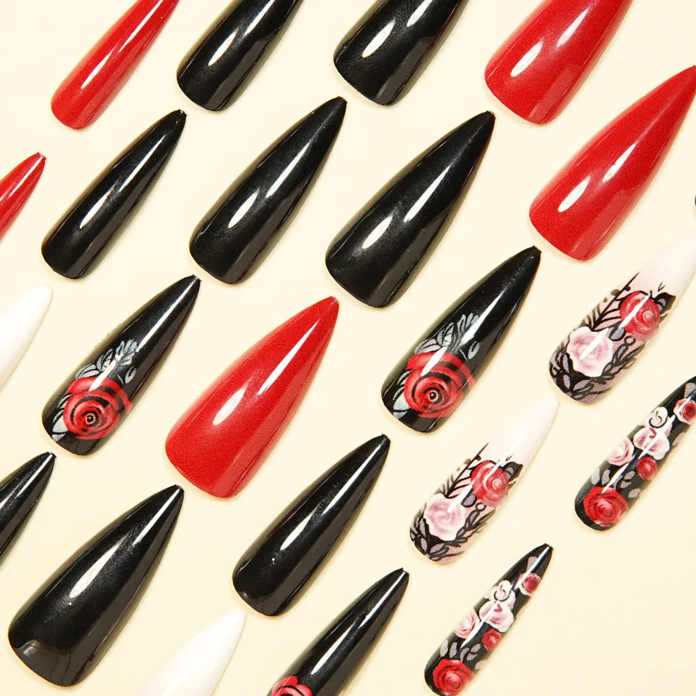 Medium long fake nails for women girls black red pink rose flowers for Valentine's Day square waterdrop shape press on nail art