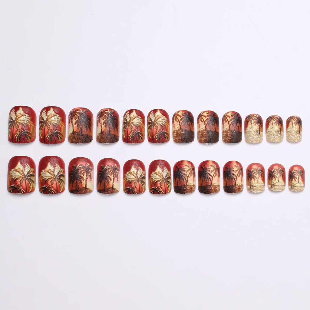 24pcs/set fake nails Y2K gradient yellow red brown colors coconut tree sunset print square shape reusable press on nails art