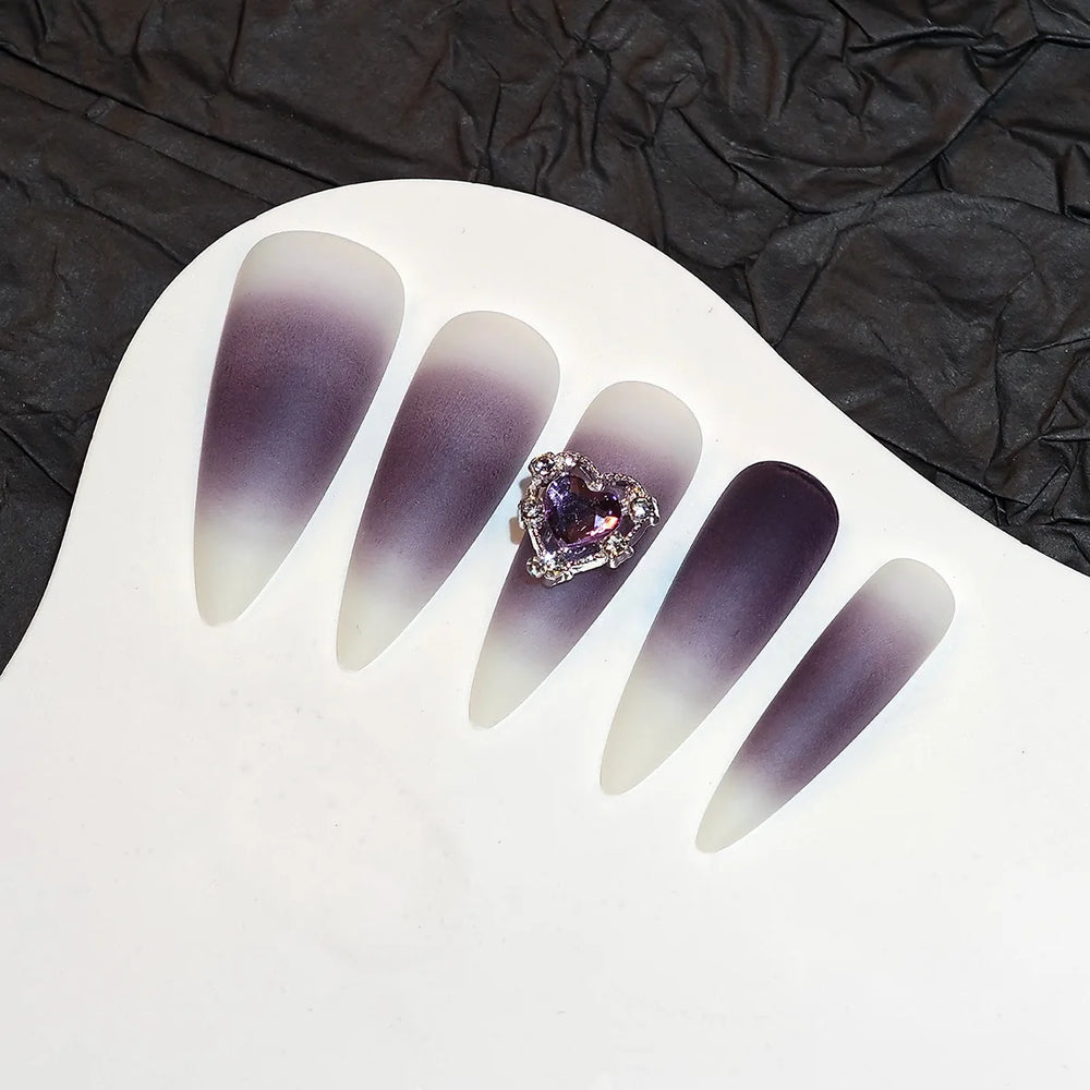 Black Ombre Gothic Metal Heart Press-On Nails – Long Stiletto, 24 Pcs