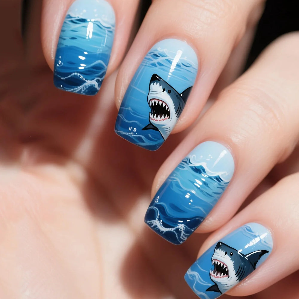 Ocean Jellyfish & Turtle Cute Animal Press-On Nails – Medium Long, 24 Pcs