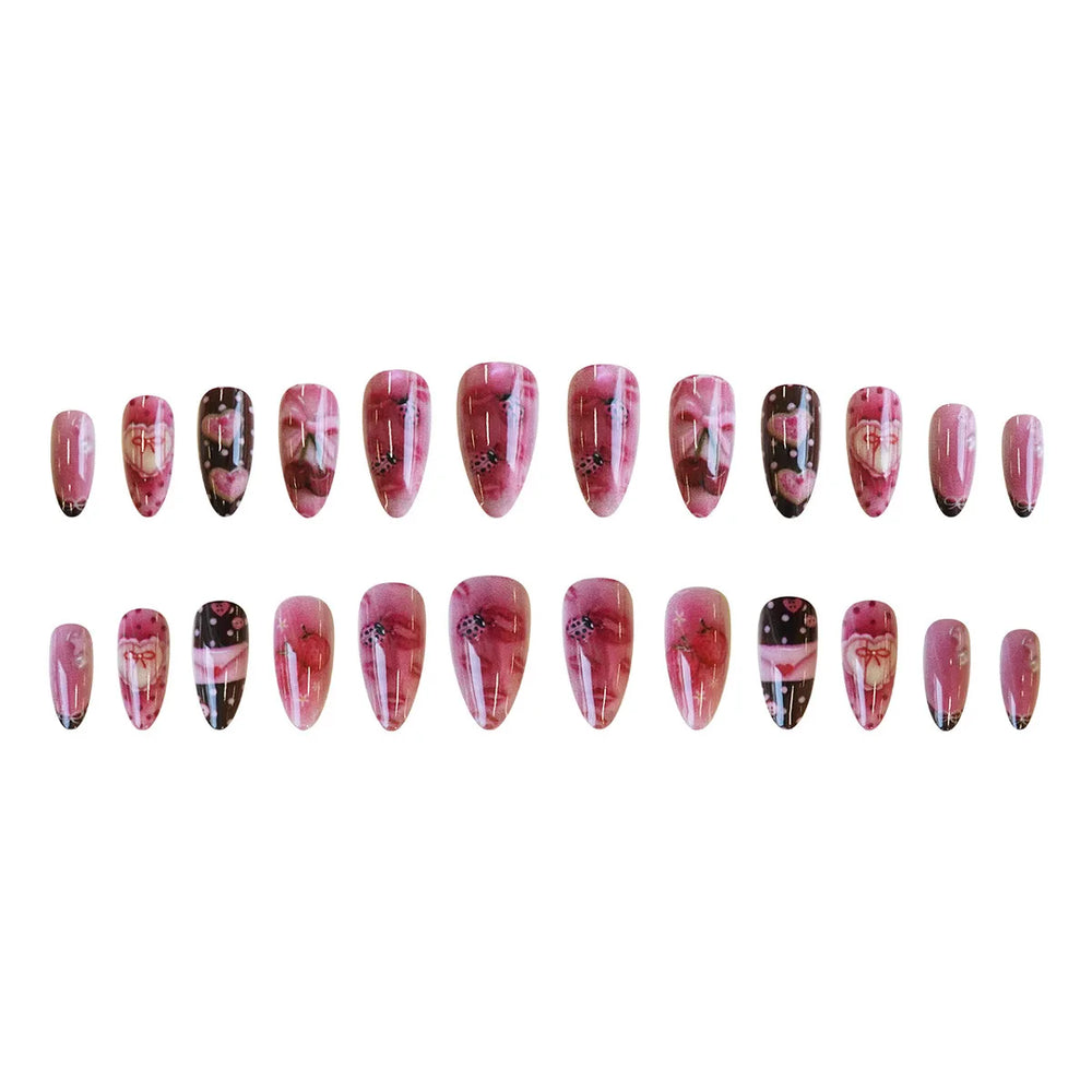 Cherry, Bow & Strawberry Blush Press-On Nails – Almond, 24 Pcs