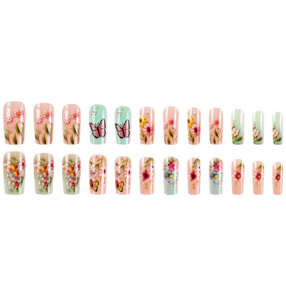 Medium fake nails for women Pink green yellow colors flowers butterfly printing square nail tips full cover press on false nail