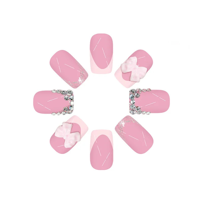 Short Medium fake nails for women girls french style Nude pink square almond nail tips with bow rhinestones press on false nail