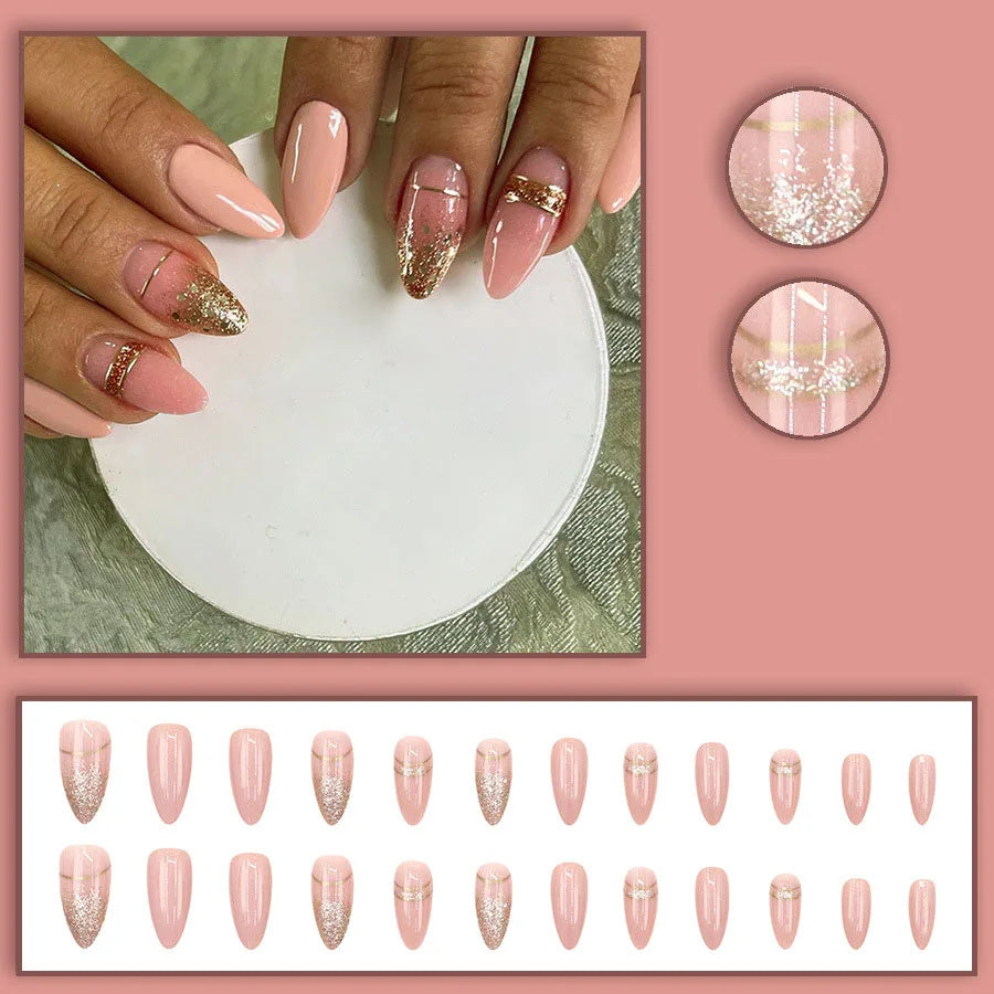 Nude Pink Glitter French Almond Press-On Nails – Medium