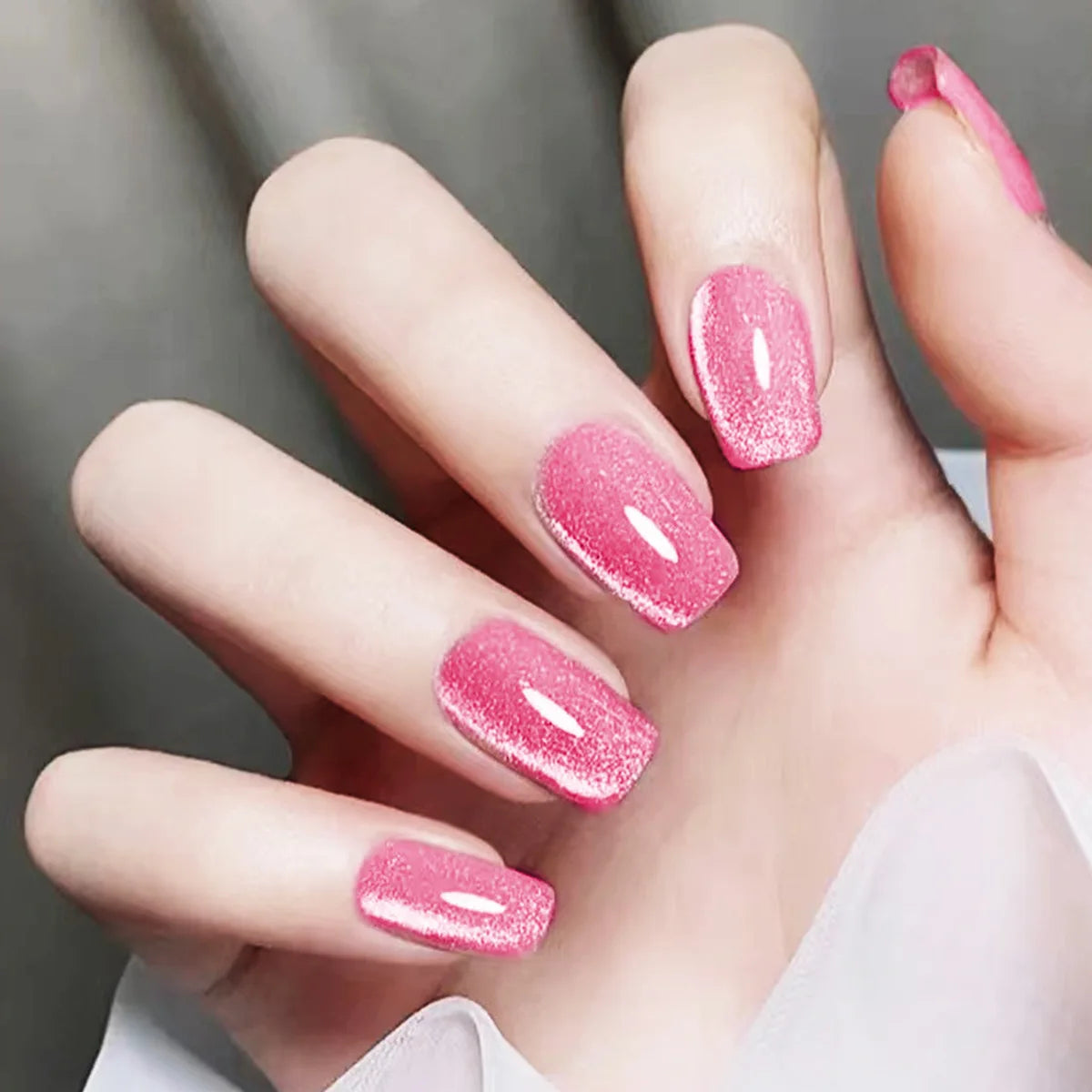 24pcs/set Medium fake nails for women Pink shimmer cat eyes glossy square nail tips full cover reusable press on false nail art