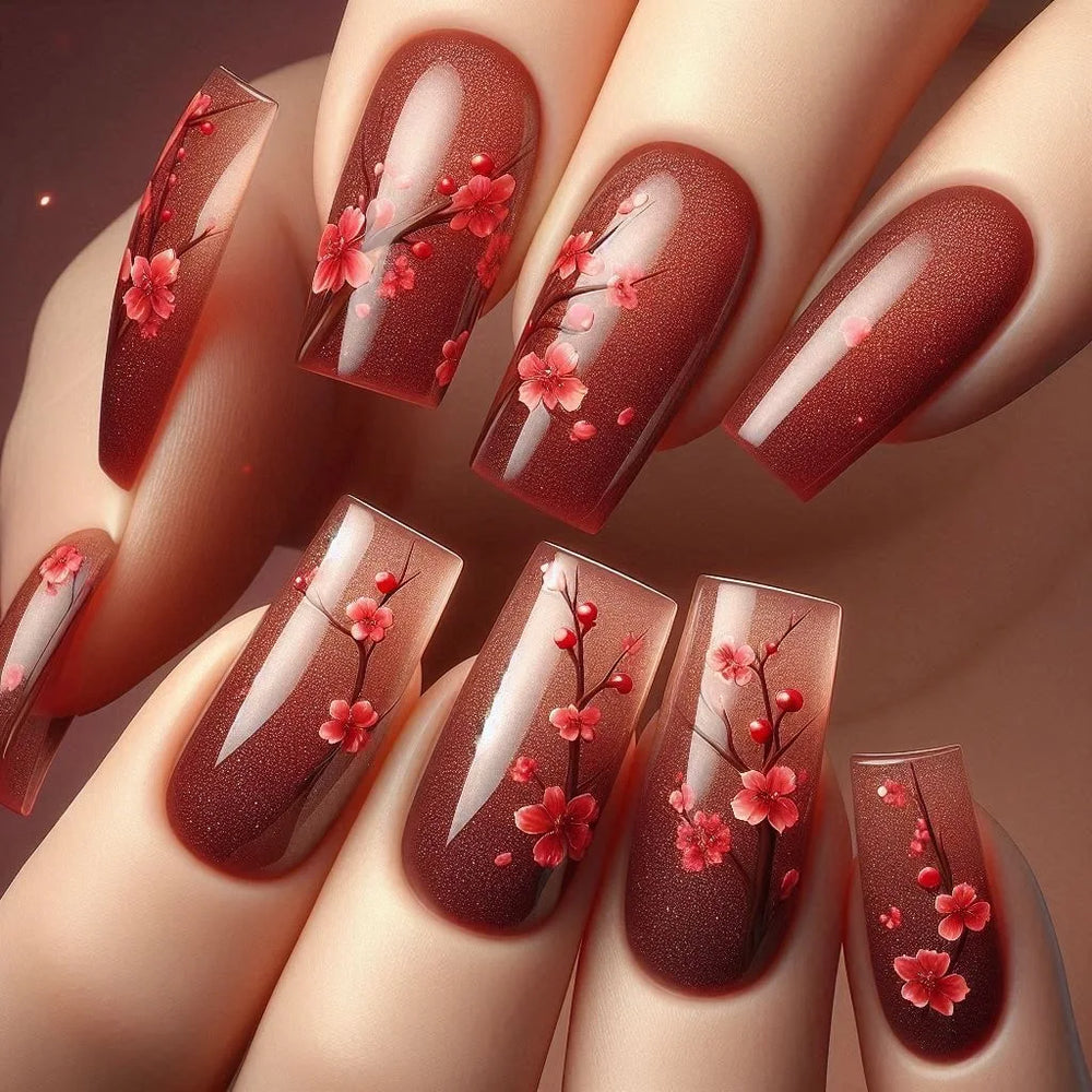 Red Brown Yellow Gradient Spring Flower Press-On Nails – Medium Square