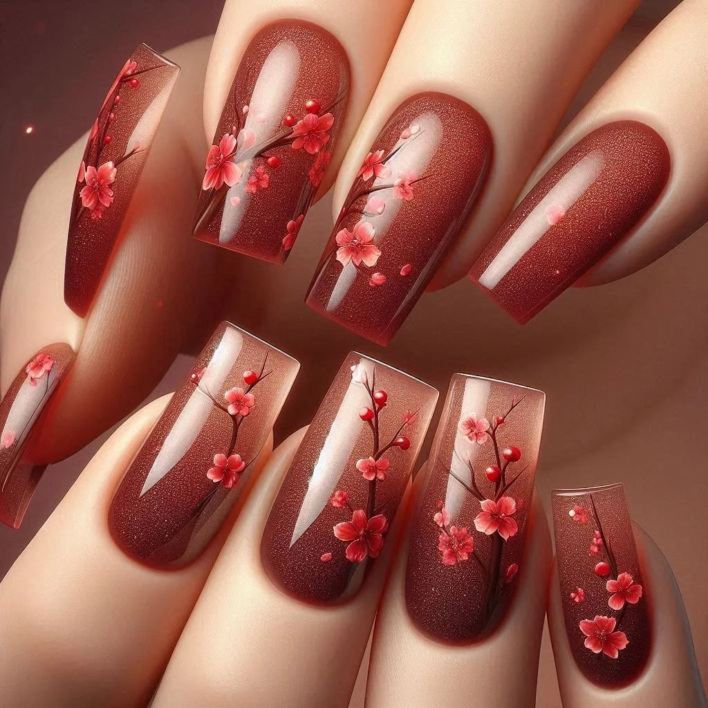 Medium fake nails for women gilrs Gradient red brown yellow square nail tips with Spring summer flowers press on false nail art