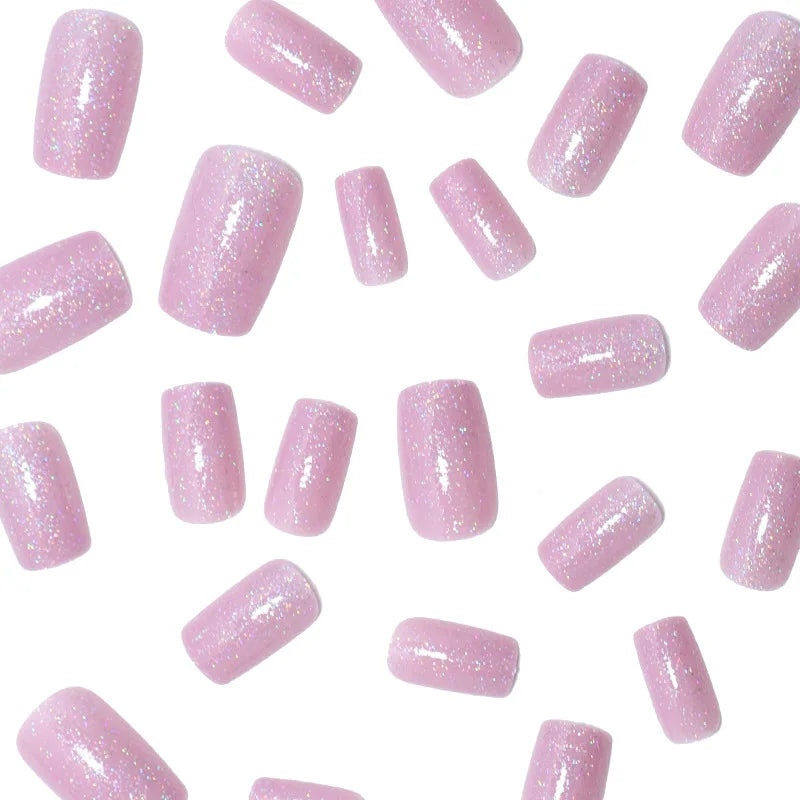 24pcs/set Pink fake nails for women girls with sparkling glitters Square nail tips full cover reusable press on false nail art