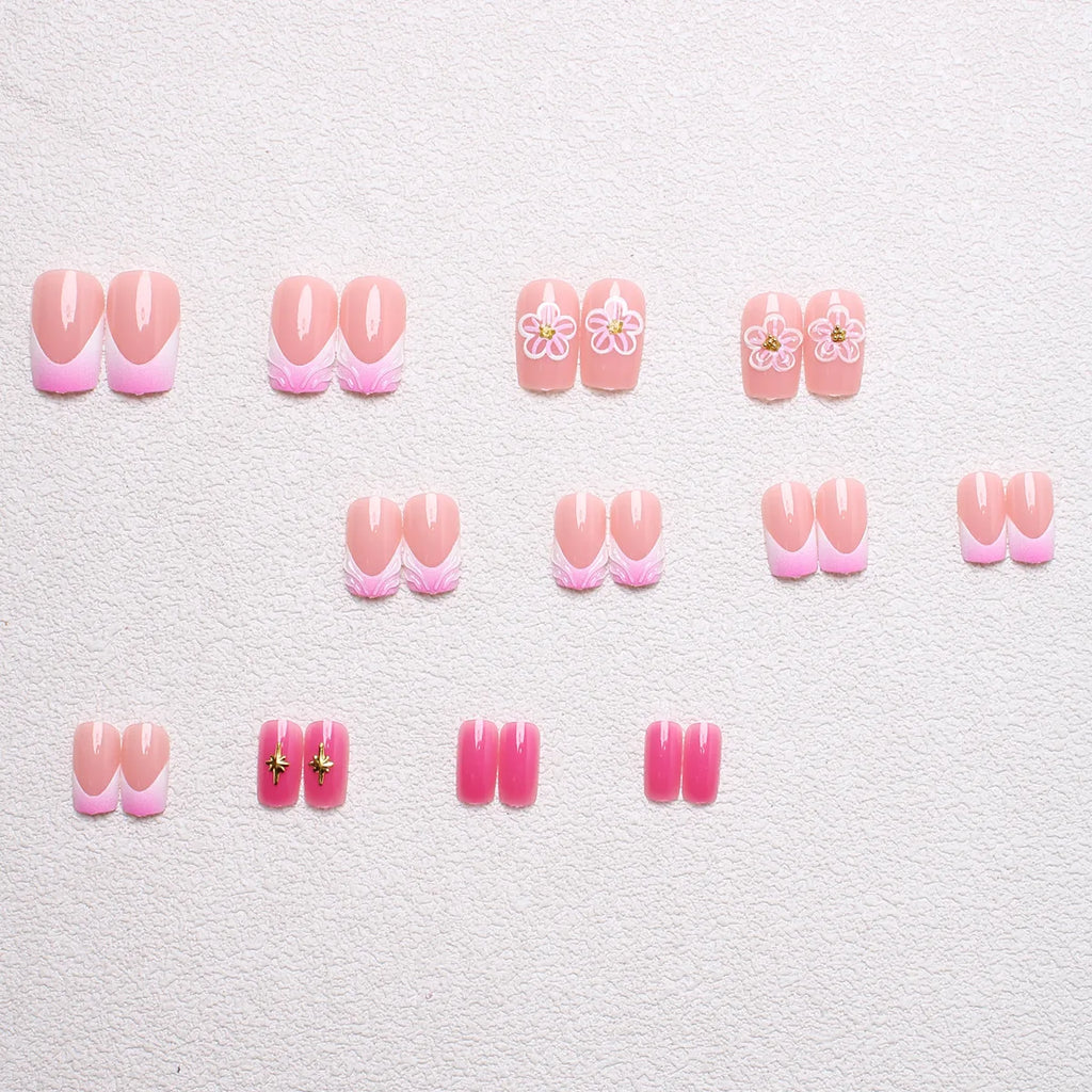 Short Medium fake nails for women 3D embossed flowers gradient Nude pink colors full cover press on acrylic false nail art