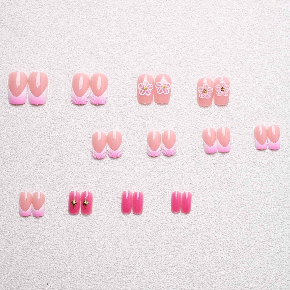 Short Medium fake nails for women 3D embossed flowers gradient Nude pink colors full cover press on acrylic false nail art
