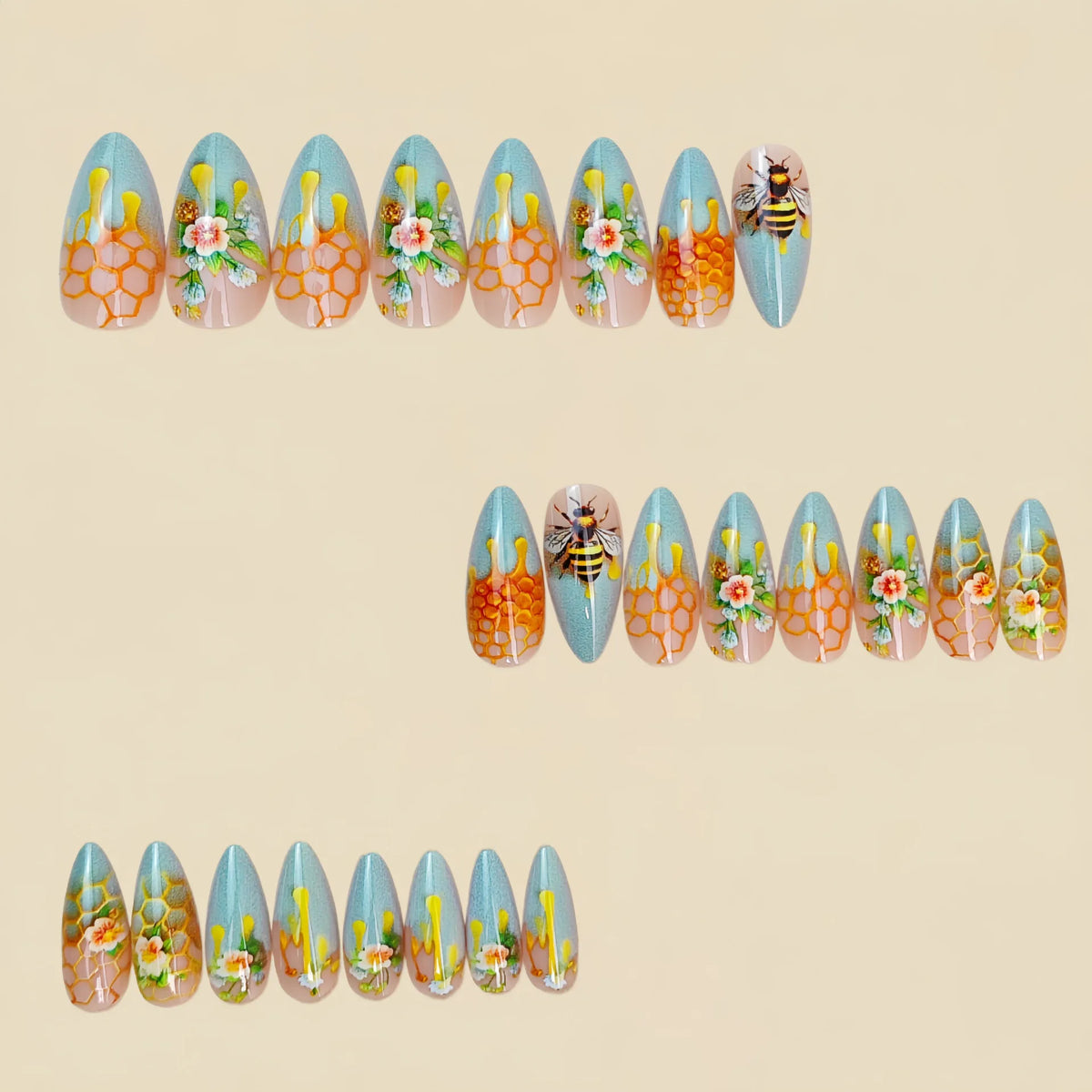 24pcs/set fake nails for women gradient nude green colors with flowers honeybee printing almond full cover press on false nail