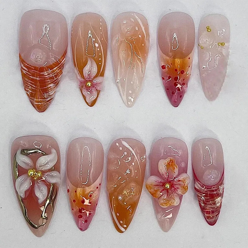 Gold Pink 3D Flower & Pearl Press-On Nails – Almond, 24 Pcs