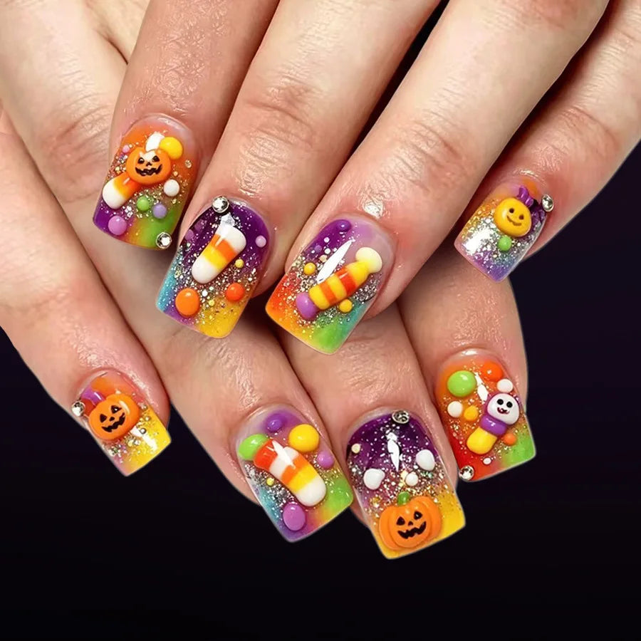 Pumpkin & Maple Leaf 3D Halloween French Press-On Nails – Square, 24 Pcs