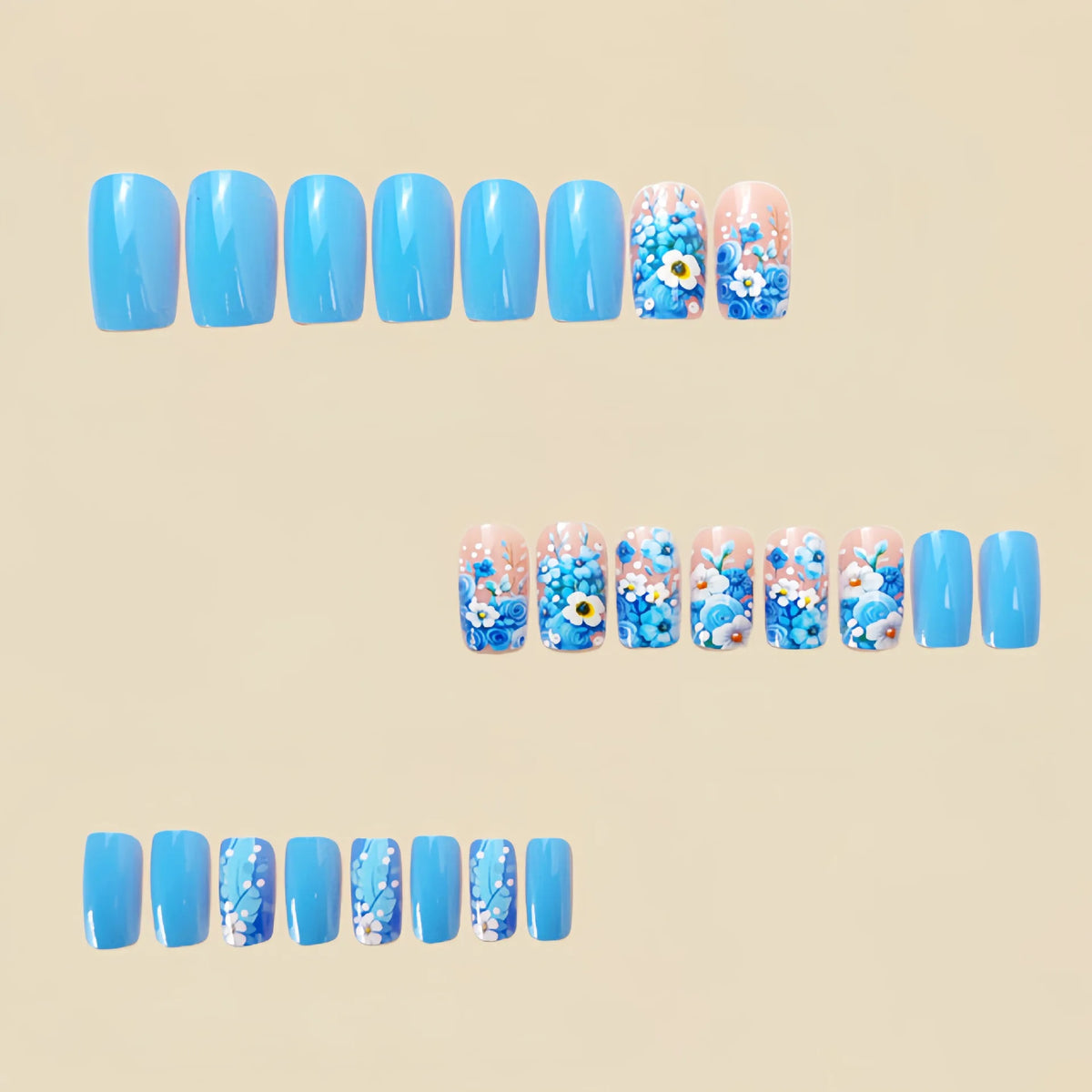 Medium fake nails for women girls Nude blue square nail tips with flowers printing full cover reusable press on false nail art