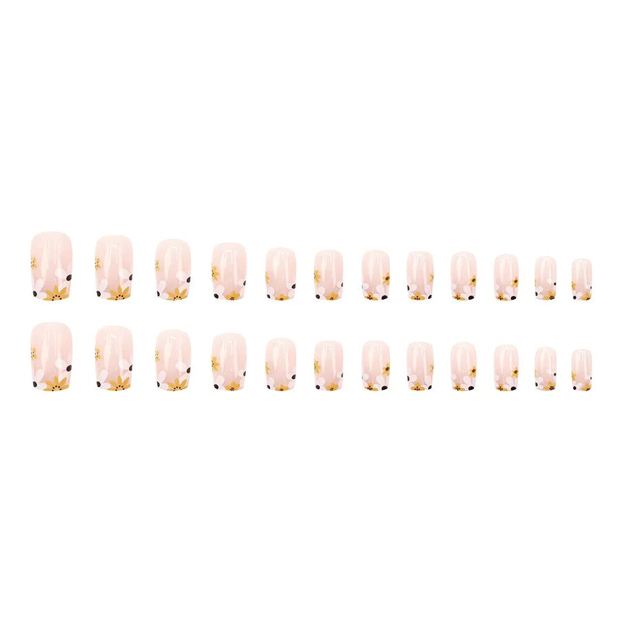 Nude square fake nails with fresh yellow white flowers print for women french style design full cover press on false nail set