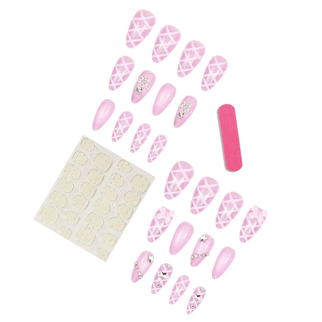 3D fake nails for women gilrs flowers bow design white nude pink almond nail tips full cover reusable press on false nail set