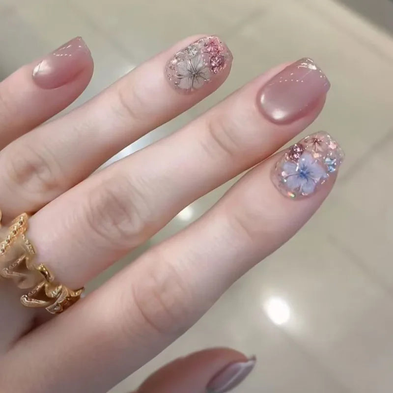 24pcs/sest Short Medium fake nails for women girls colorful flowers Mushroom beach for Summer Autumn Press on false nail tips