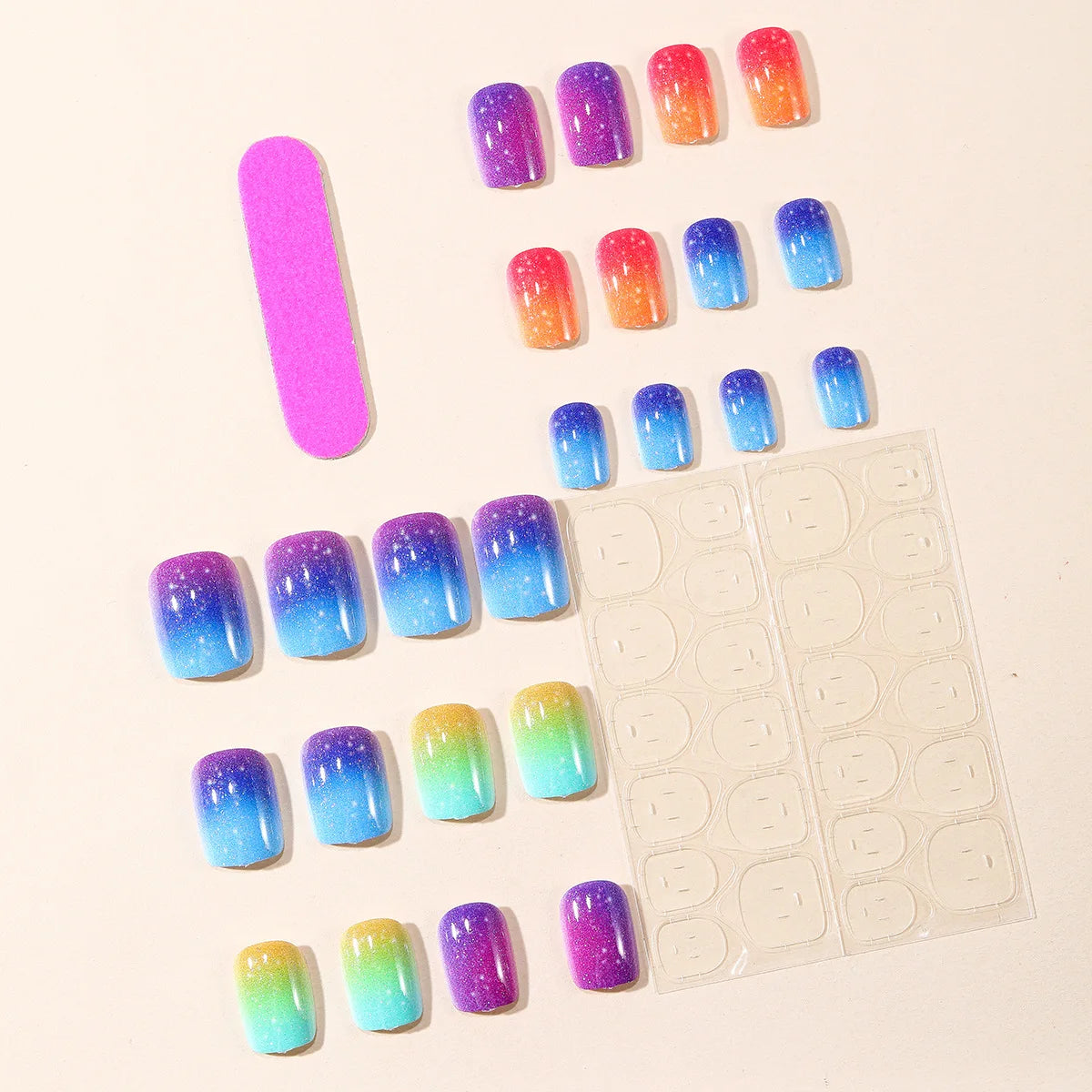 Short Fake Nails for Women Girls Y2K Gradient Candy Rainbow Colors Square Shaped Glossy Nail Tips Full Cover Press On False Nail