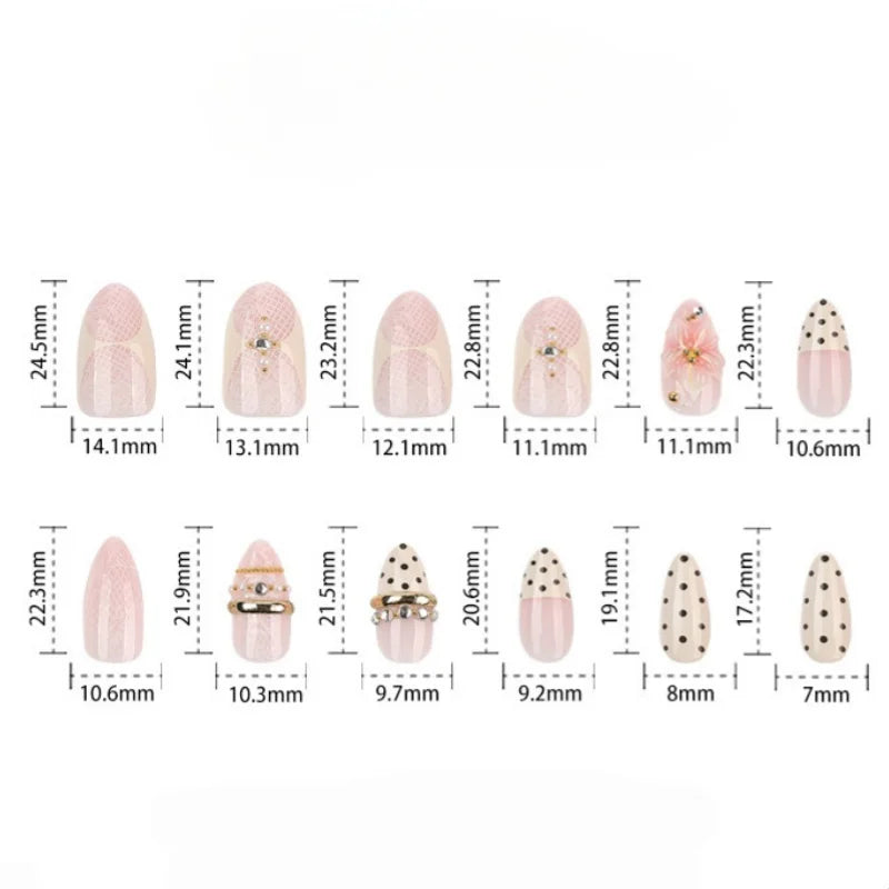White Polka Dot 3D Flower Press-On Nails – Ballet Almond, 24 Pcs