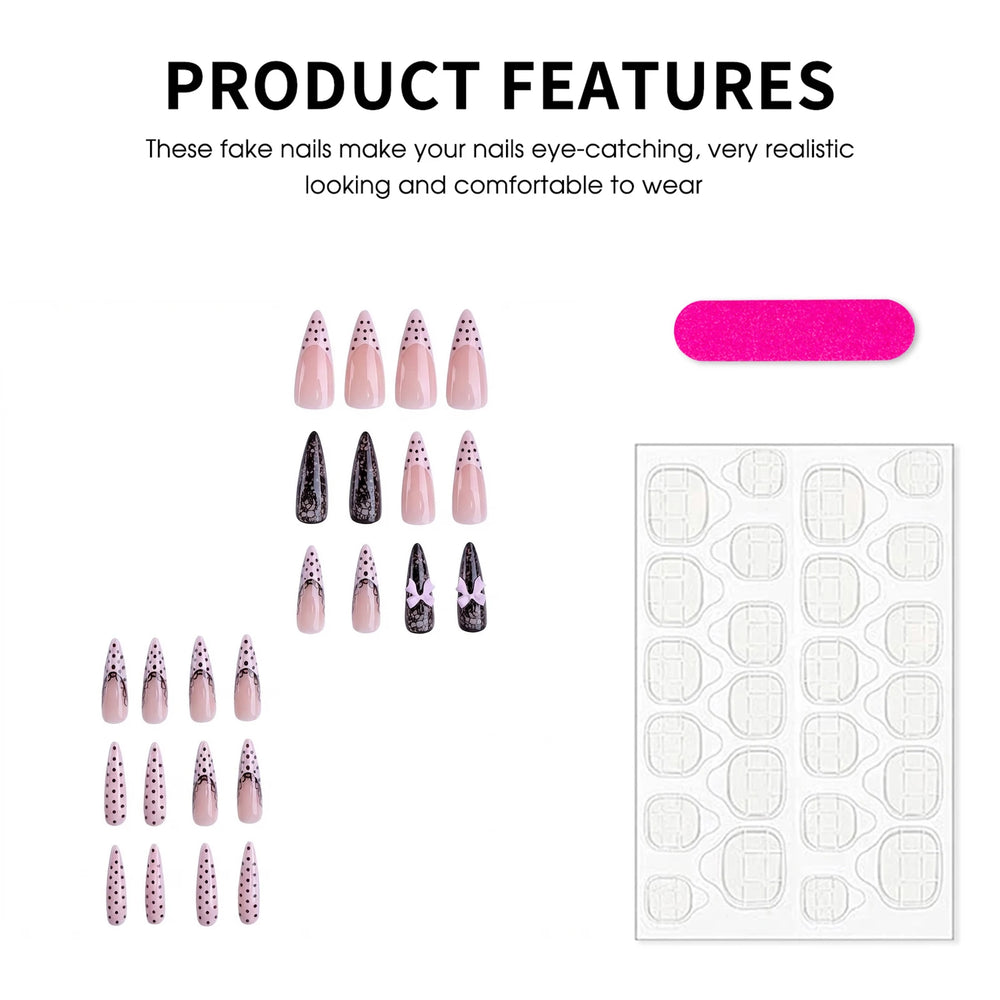 Black Polka Dot Lace 3D Bow Press-On Nails – Almond, 24 Pcs
