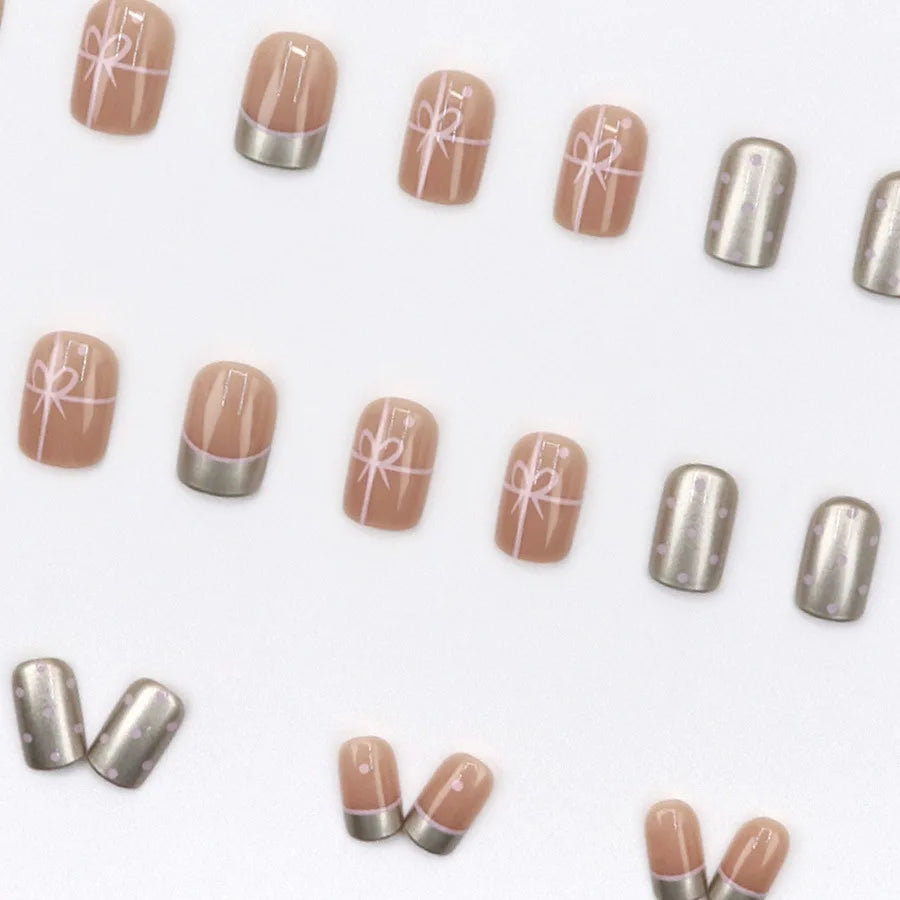 Short Square fake nails for women girls nude red colors with polka dots or cherry heart french style press on false nail art