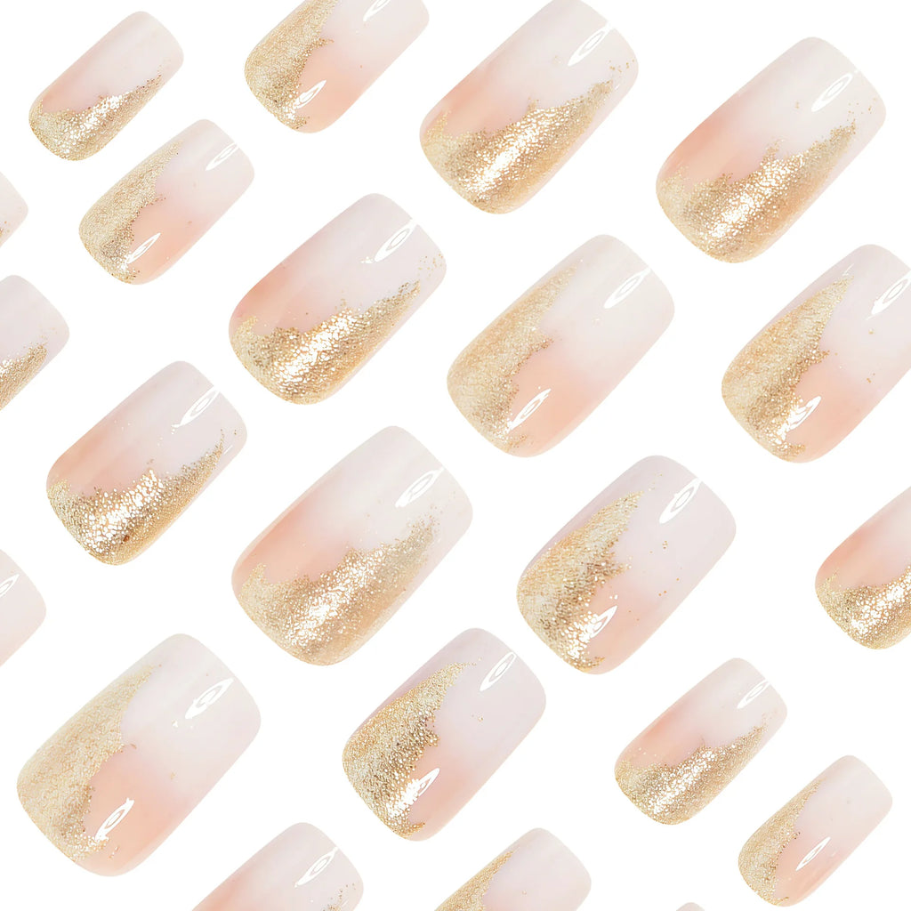 Short Square fake nails for women gradient nude white brown french style with sparkling glitters full cover press on false nail
