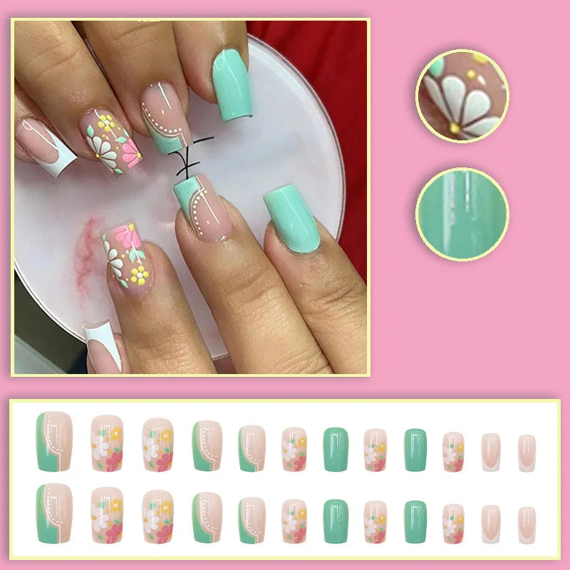 Medium Square fake nails for women french style nude green yellow blue pink flowers for spring summer full cover press on nail