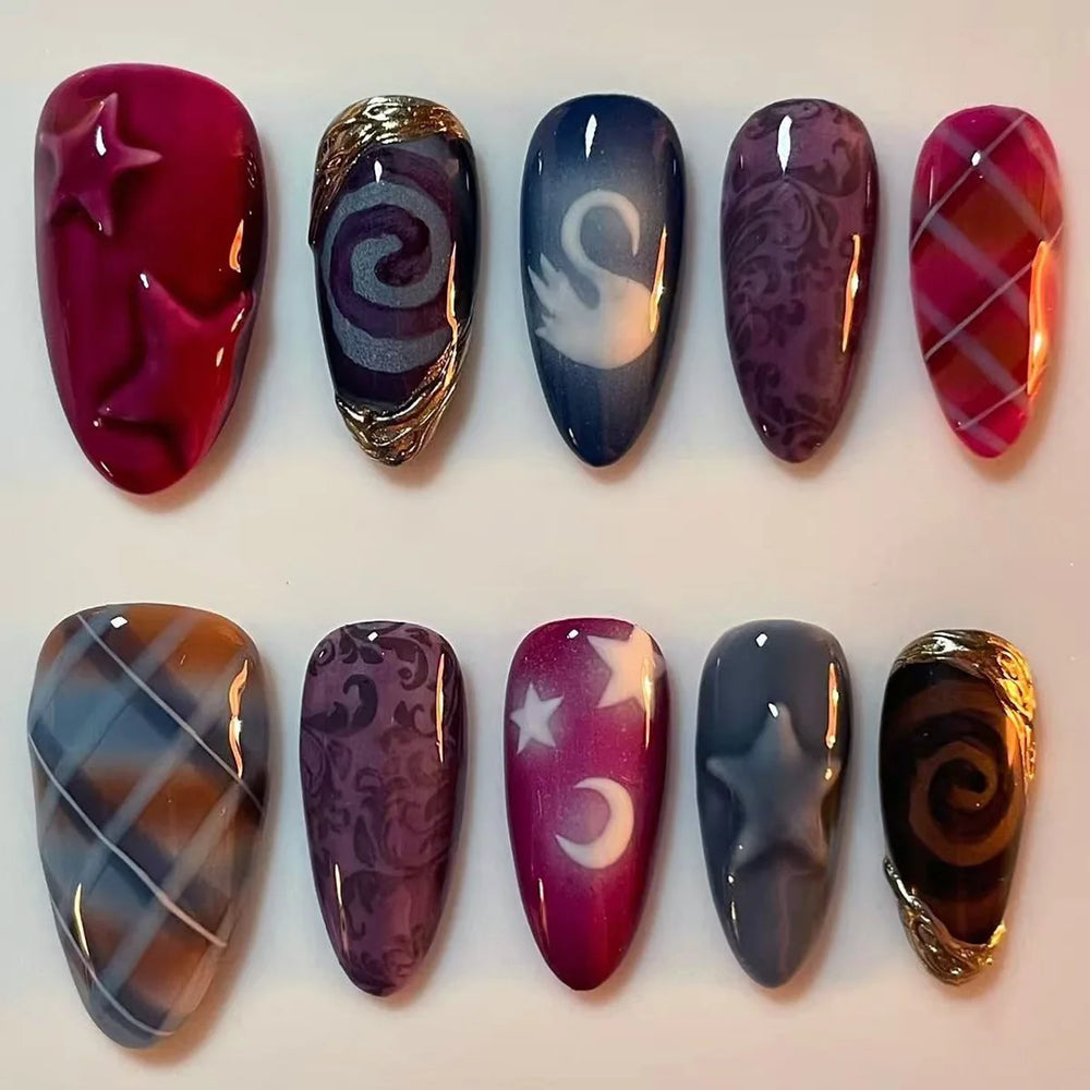 Y2K Moon, Star & Swan Press-On Nails – Almond, 24 Pcs