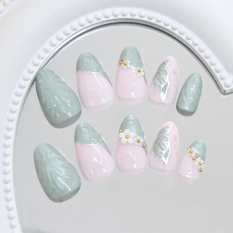 Short fake nails  for women nude green almond nail tips with 3D white flowers design full cover reusable press on false nail