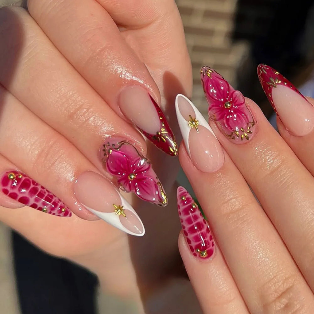 Tropical Hibiscus & Butterfly French Press-On Nails – Almond, 24 Pcs