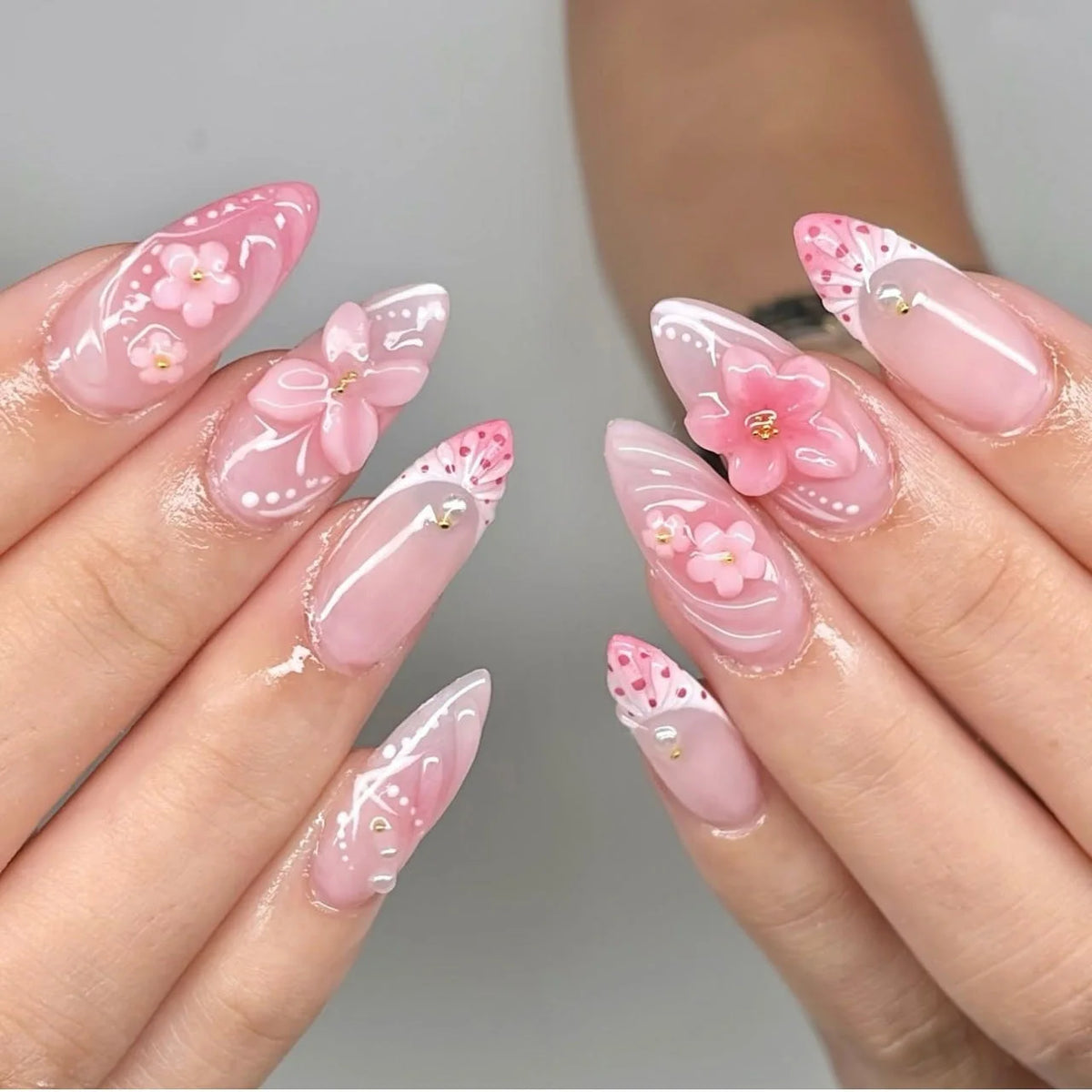 3D Fake Nails Gradient Pink Purple Green Blue Orange Embossed Flowers Fruit Metallic Rhinestones Medium Tips Press On False Nail