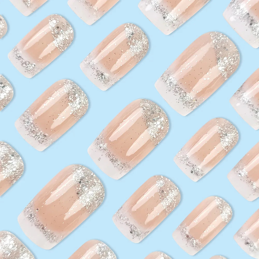24pcs/set Medium Square fake nails for women girls Nude beige with glitters french style white edge press on false nail art set