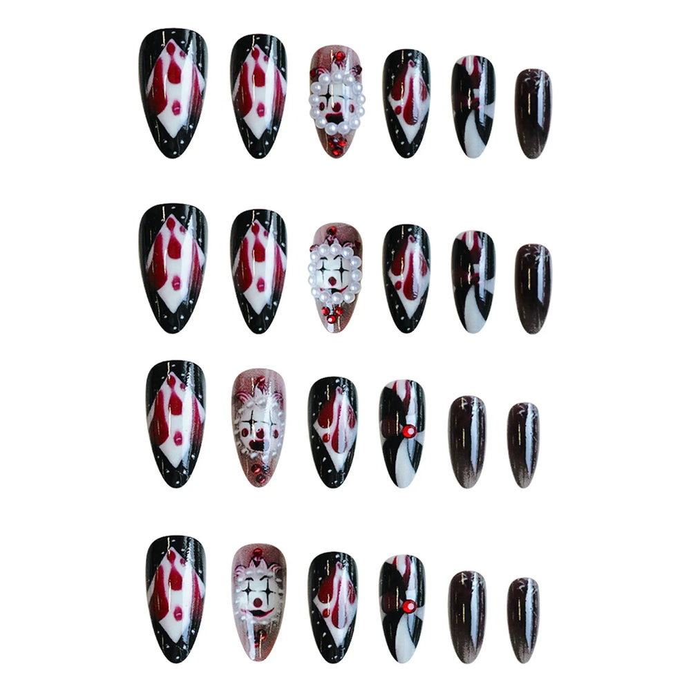 Circus Clown Ghost Halloween Press-On Nails – Long Stiletto, 24 Pcs