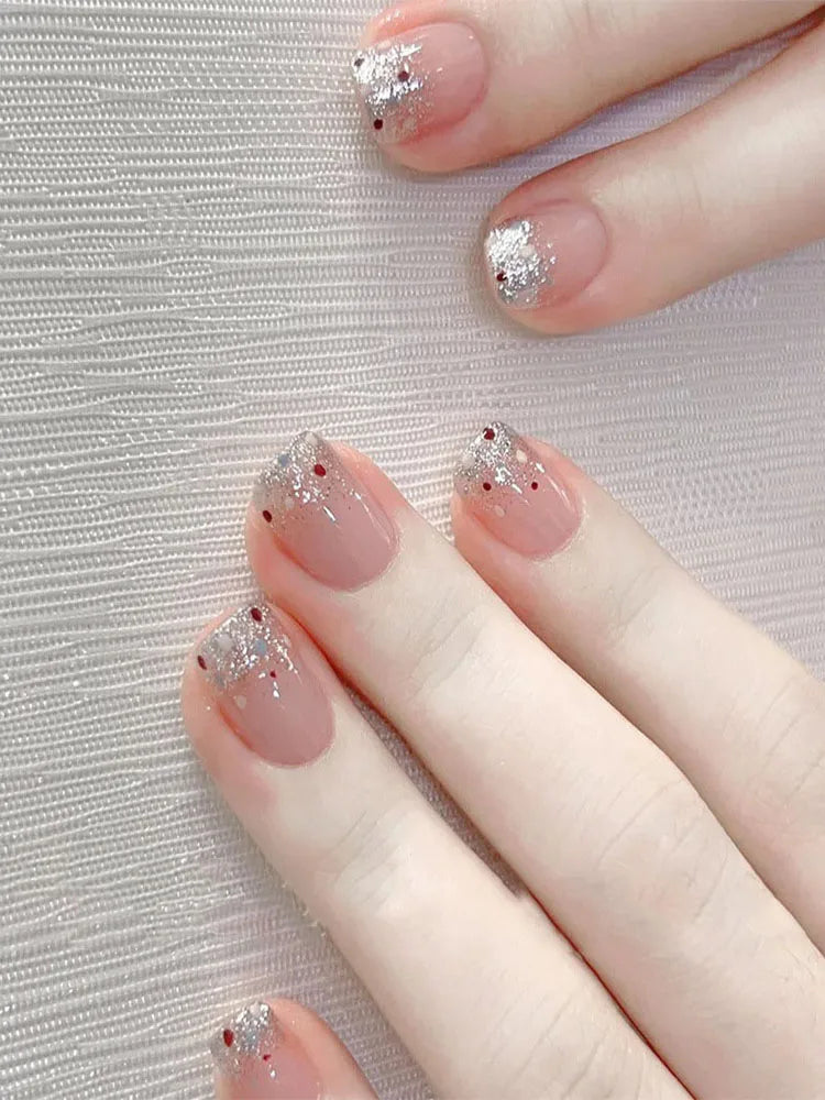 Short fake nails for women girls nude pink with Sparkling glitters design full cover square nail tips press on false nail art