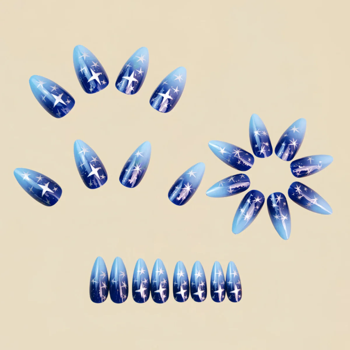 Medium fake nails for women gradient blue starry sky silver star moon full cover Square almond nail tips press on false nail art
