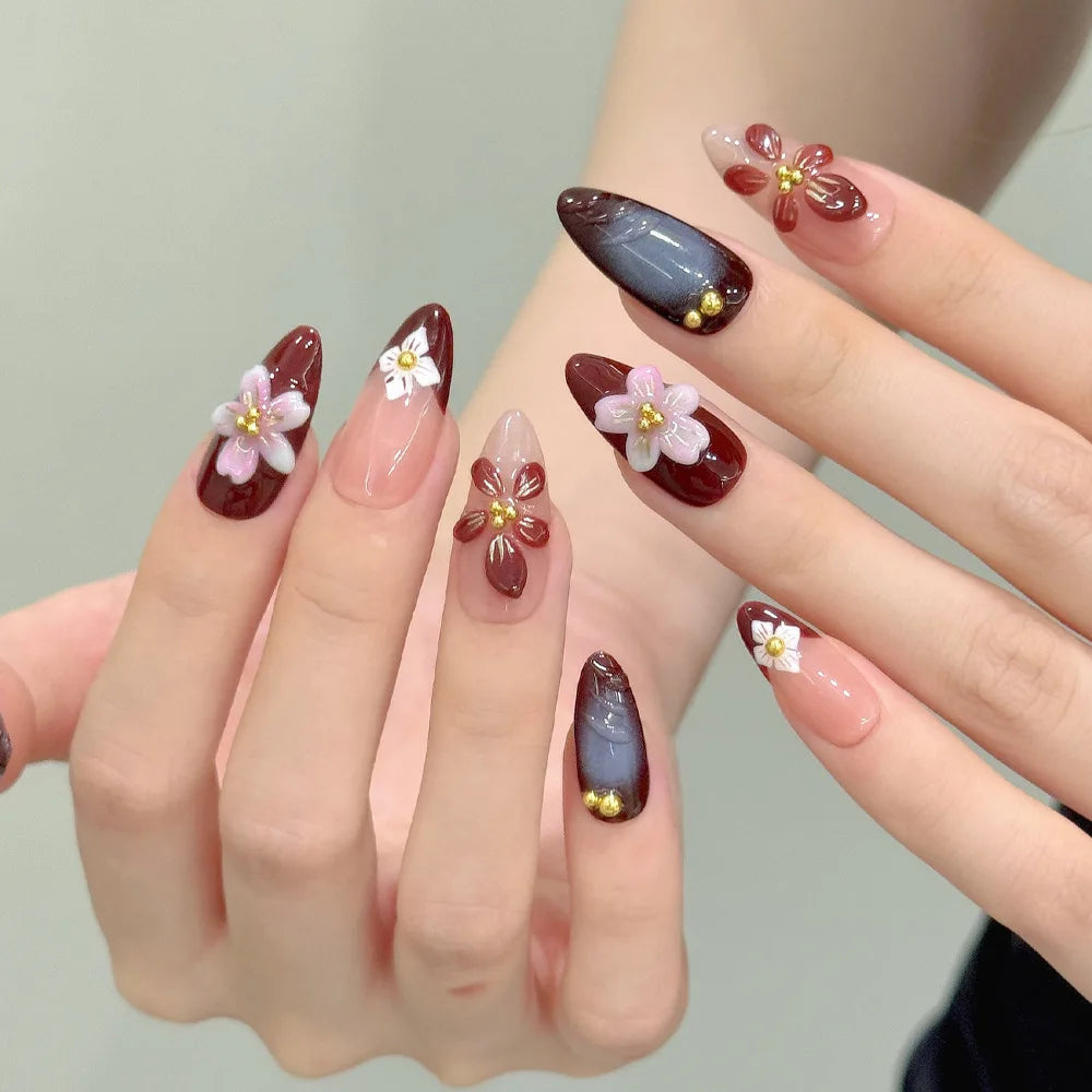 Tropical Hibiscus & Butterfly French Press-On Nails – Almond, 24 Pcs