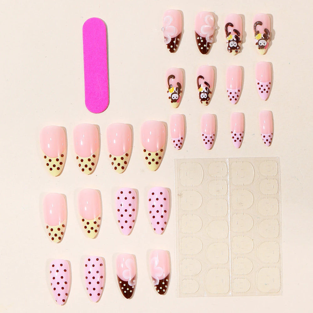 Cute Cartoon Monkey Polka Dot French Press-On Nails – Almond, 24 Pcs