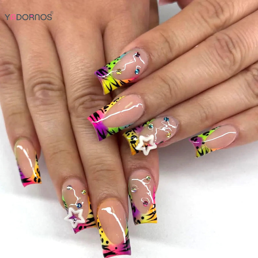 Rainbow Star Zebra French Y2K Press-On Nails – Almond, 24 Pcs