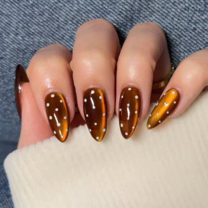 24pcs/set Brown cat eyes fake nails with white polka dots glossy almond tips for Autumn winter full cover reusable press on nail