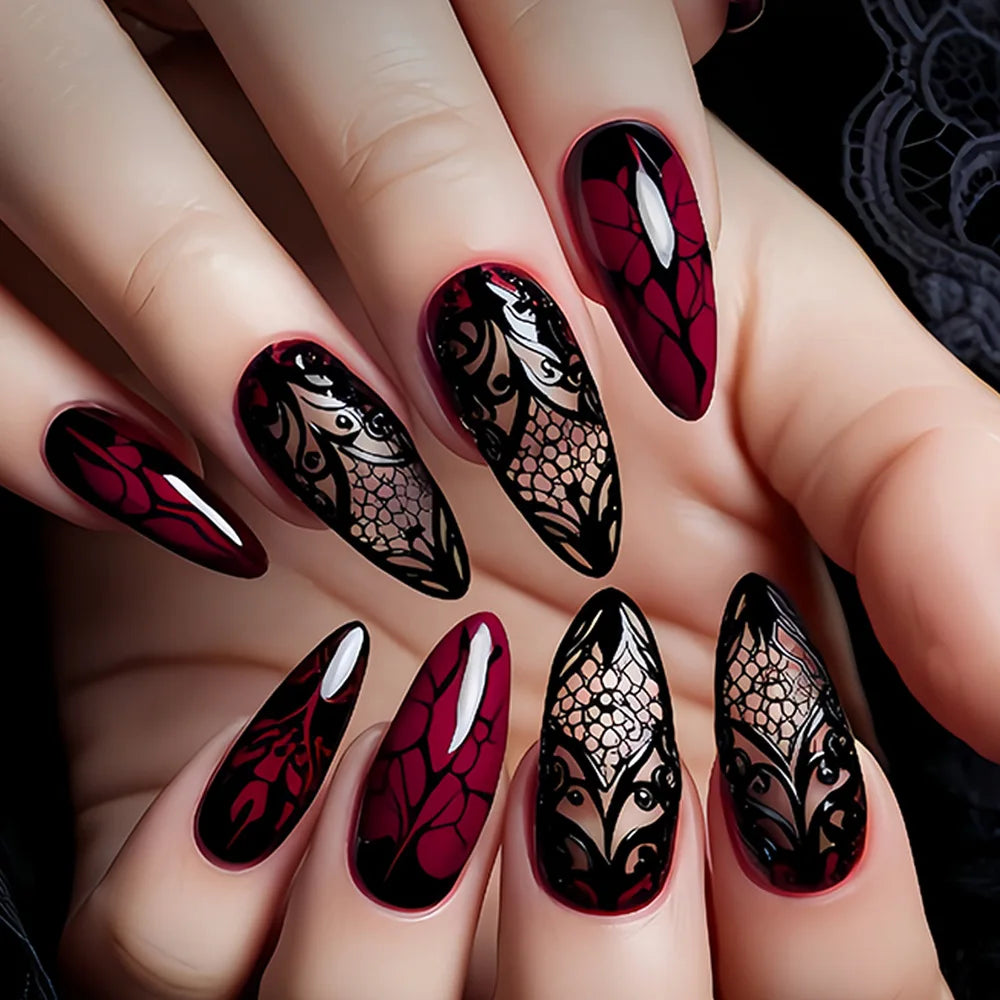24pcs/set Short Square Ballet almond fake Nails tips Red Black Gold Purple Floral Geometric Pattern Press-On False Nails art set