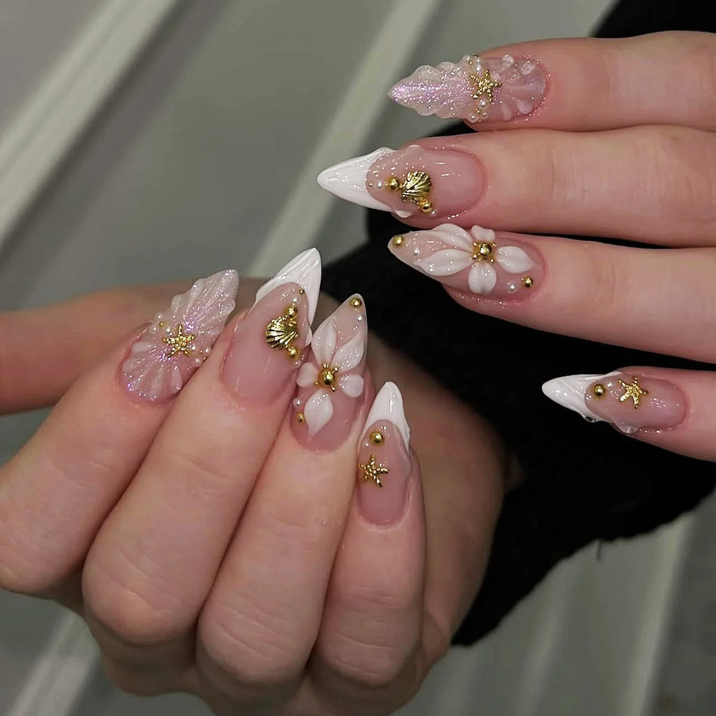 Medium fake nails for women french style Nude white almond nail tips with flowers rhinestones full cover reusable press on nails