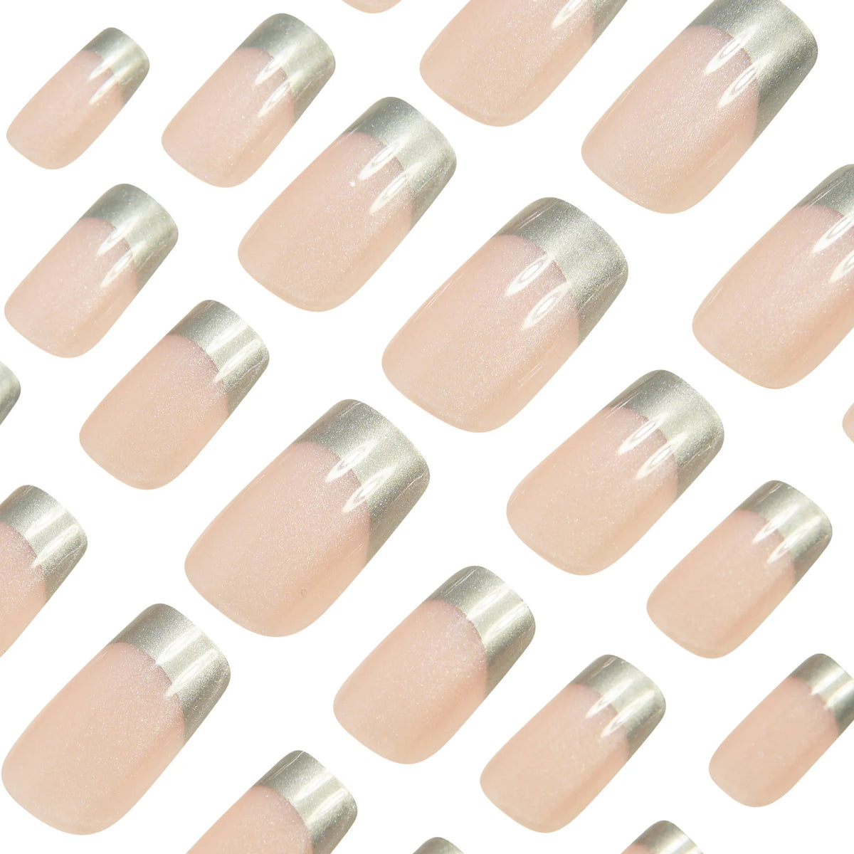 Medium fake nails for women Nude silver colors pear shimmer glossy square nail tips full cover reusable press on false nail