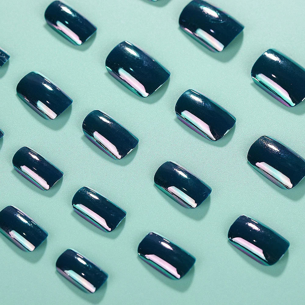 24pcs/set dark blue fake nails for women Holographic Plated glossy square nail tips full cover reusable press on false nail kit