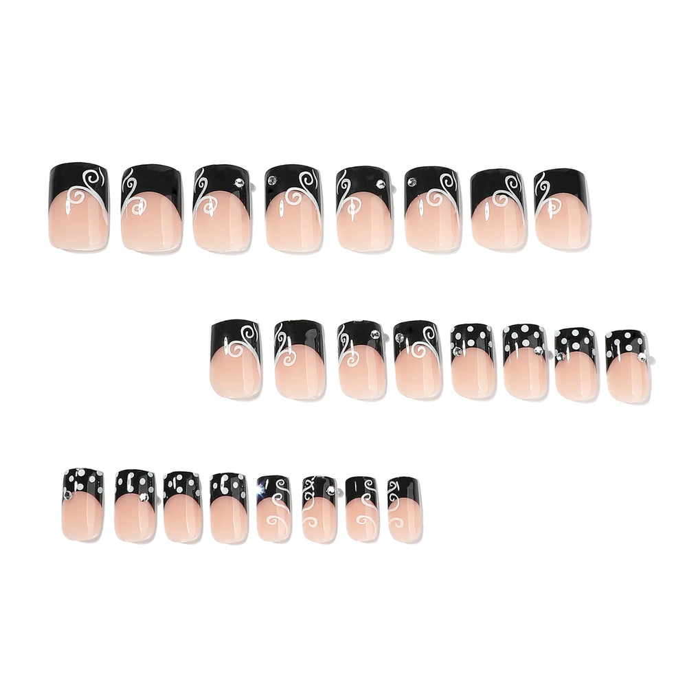 Black French White Polka Dot Rhinestone Press-On Nails – Short Square, 24 Pcs
