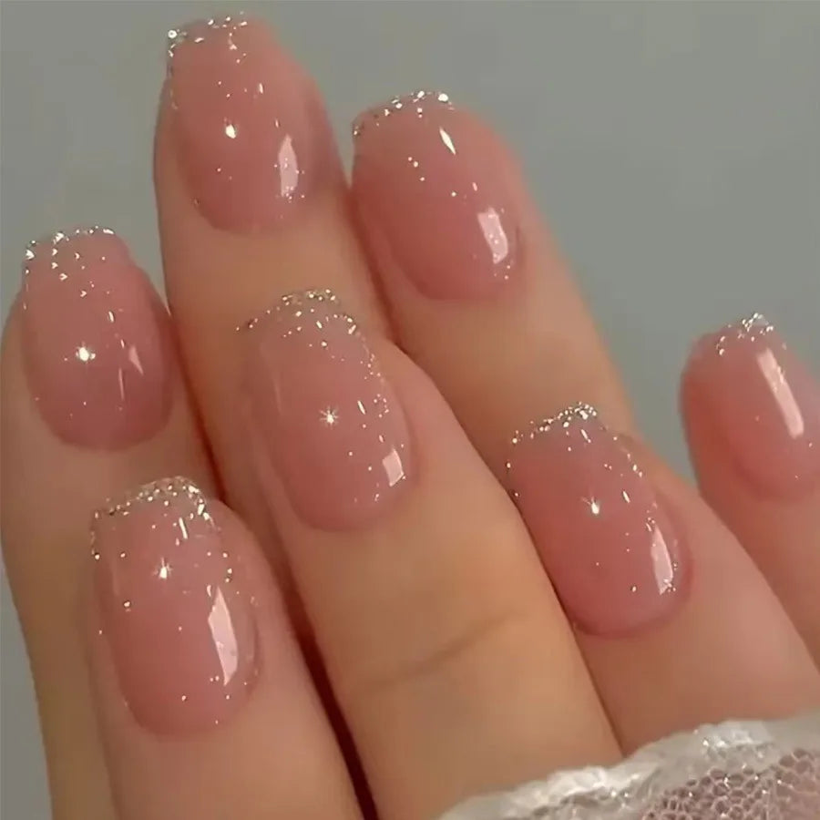 Short Medium fake nails for women gilr nude nail tips with glitters edge frame full cover reusable press on Artificial Nails set