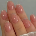 Short Medium fake nails for women gilr nude nail tips with glitters edge frame full cover reusable press on Artificial Nails set