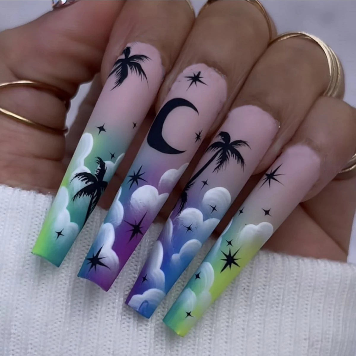 Medium long fake nails Spring summer flowers leaf tree gradient pink orange blue Y2K french nail tips press on false nail art
