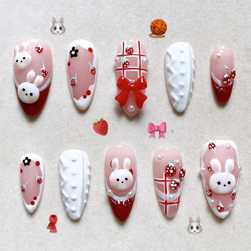 Rabbit & Strawberry Red French Press-On Nails – Almond, 30 Pcs