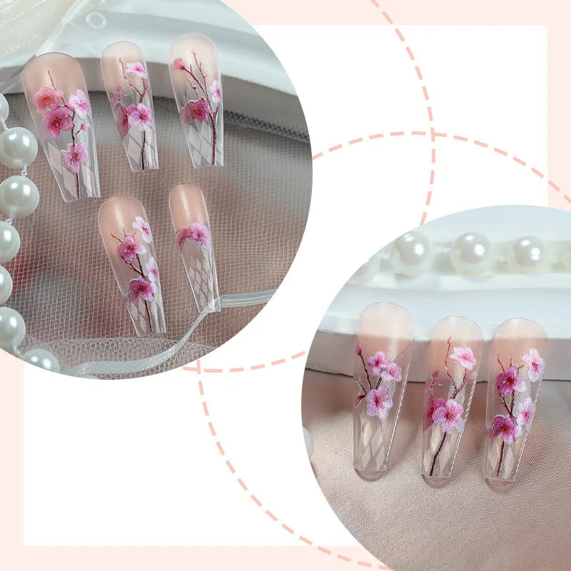 Medium long fake nails for women girls half clear nail tips pink flowers design ballet shape full cover reusable press on nails